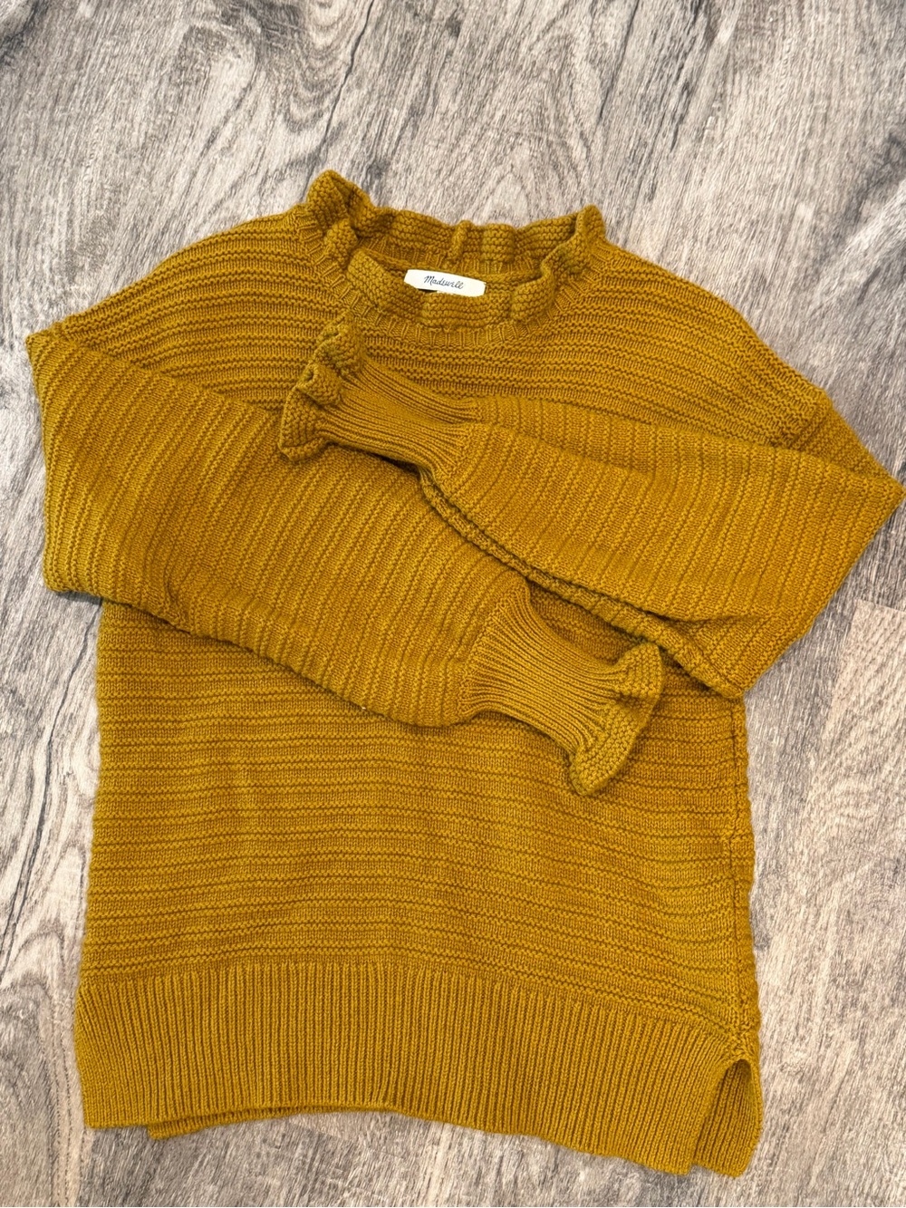 Madewell Women’s Small Mustard Gold Ruffle Mock Neck Sweater Merino Wool